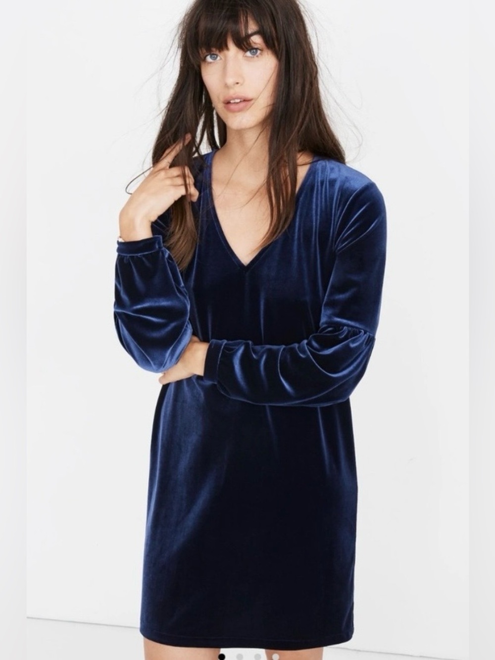 Madewell Blue Velvet Balloon Sleeve Dress. Machine washable V Neck